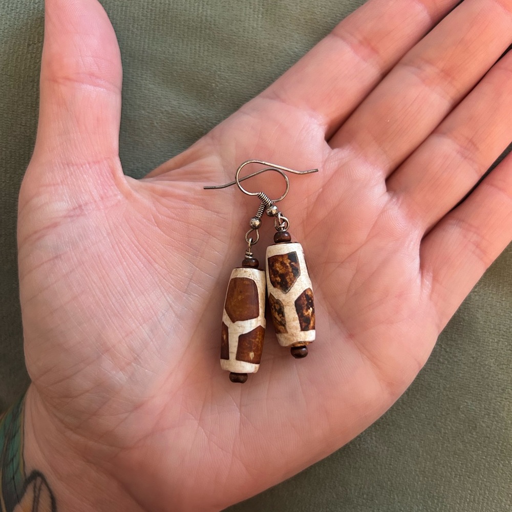 Cream and Brown Geometric Earrings With Wooden Beads
